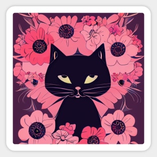Mystical Black Cat Surrounded by Enchanting Pink Flowers Sticker
